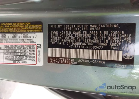 2007 Toyota Camry Le from USA, damaged, VIN 4T1BE46K97U593477